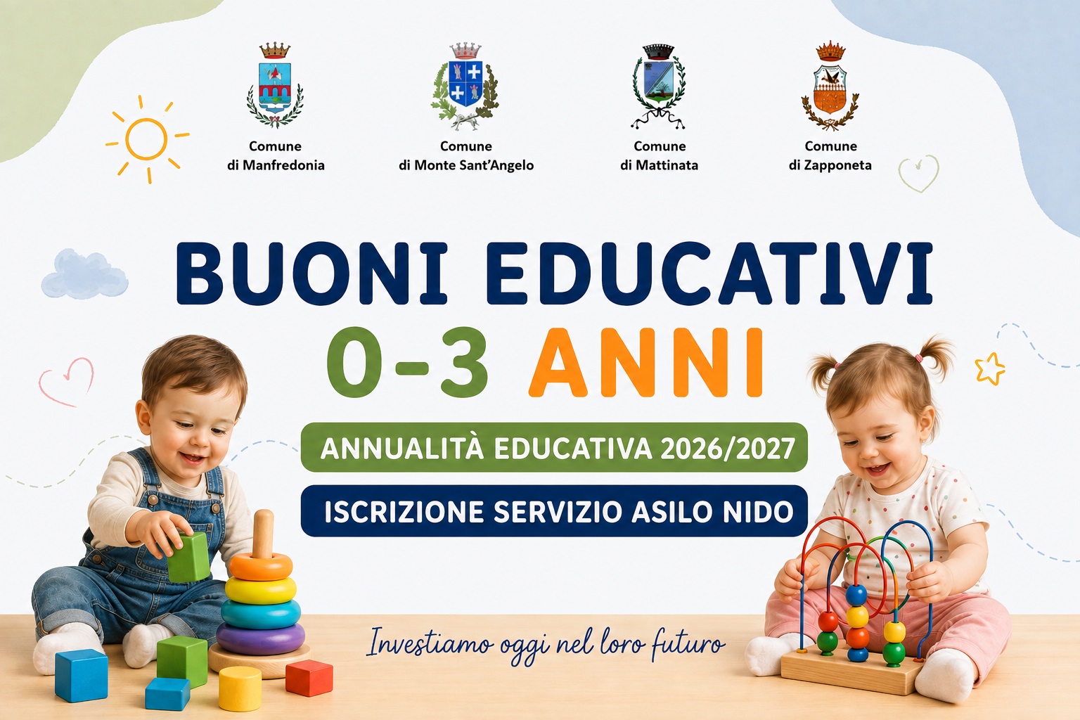 Buoni Educativi 0-3 anni. Presentazione delle domande per l\'Annualit� Educativa 2026/2027. Online il modulo di preiscrizione per il Servizio di Asilo Nido