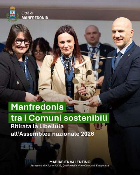 Manfredonia tra i Comuni sostenibili. Ritirata la Libellula all\'Assemblea nazionale 2026.