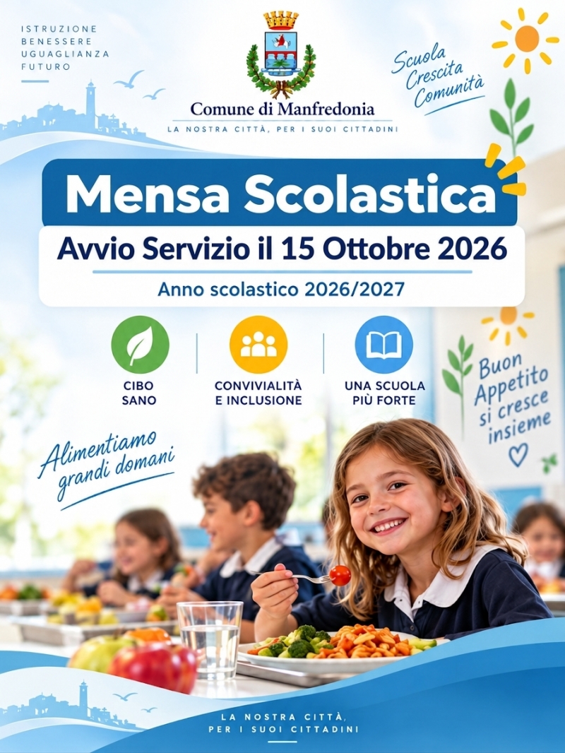Mensa Scolastica Anno Scolastico 2026/2027. Avvio servizio il 15 Ottobre 2026